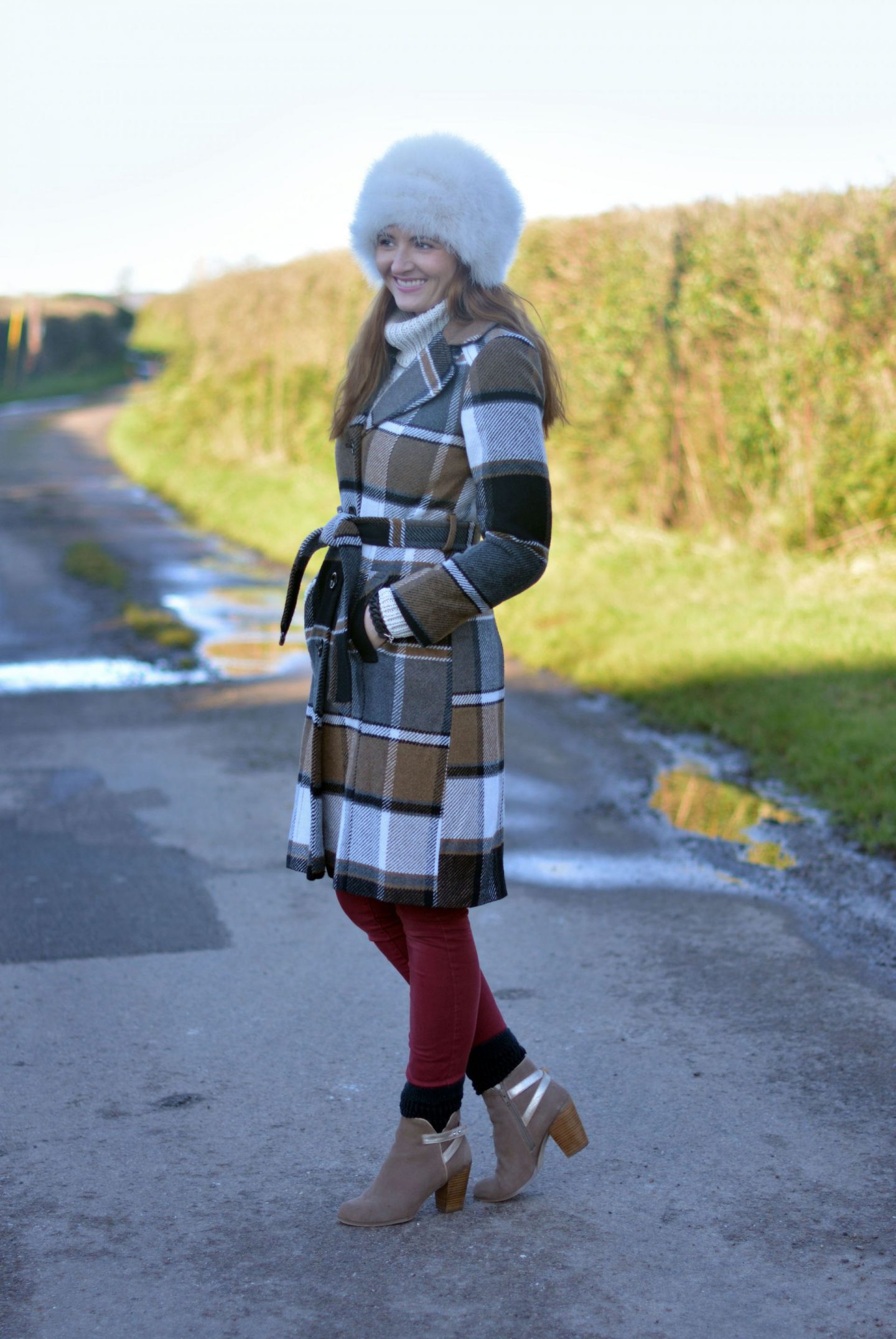 Winter Neutrals | Oversized Feather Cossack Hat and Check Coat